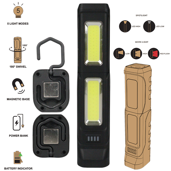 תאורת שטח/חירום עוצמתית 20W מתפצלת לשני כיוונים נטענת 63 לדים + סוללה נטענת המשמשת גם כפאוור בנק 4,000mAh.