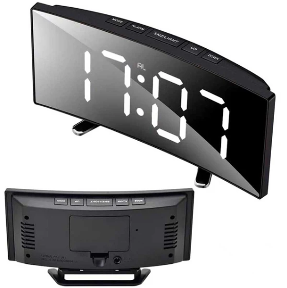 שעון מעורר פנוראמי עם גימור מראה.
משטח מראתי מדליק.
תצוגה גדולה וברורה.
2 שעונים מעוררים. 
לחצן נודניק.
מופעל באמצעות USB או באמצעות 3 סוללות AAA.