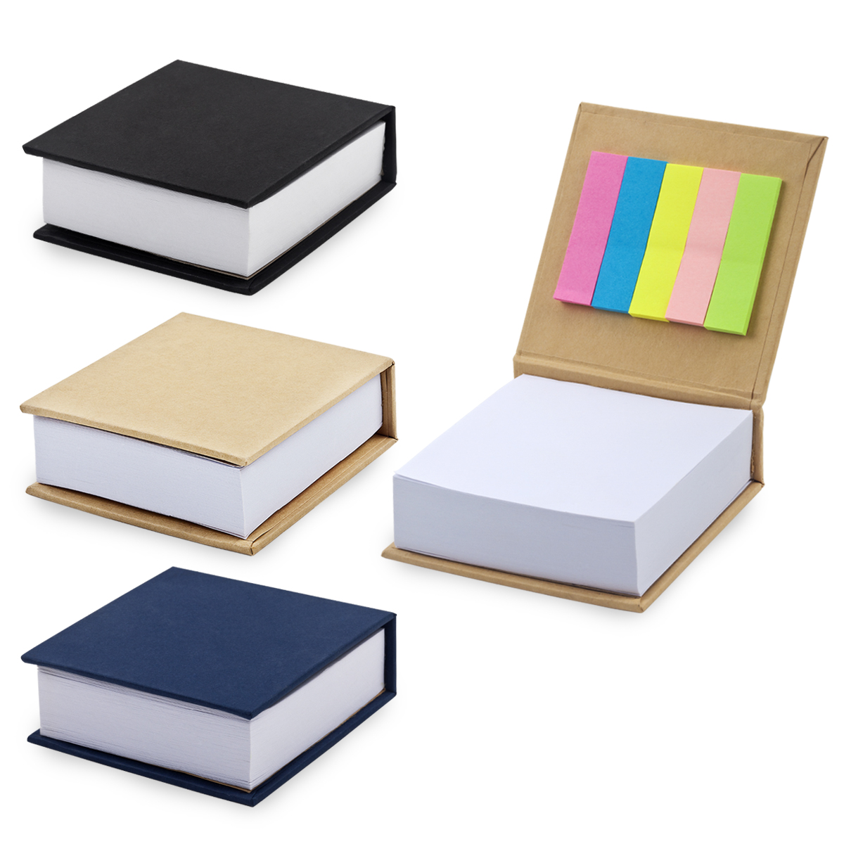 מעמד שולחני 8x8 ס”מ., כריכה קשה. נייר ממו לבן, 200 דף, 70 גרם, עם דגלונים 12x45 מ״מ, 25 יח׳ מכל צבע.