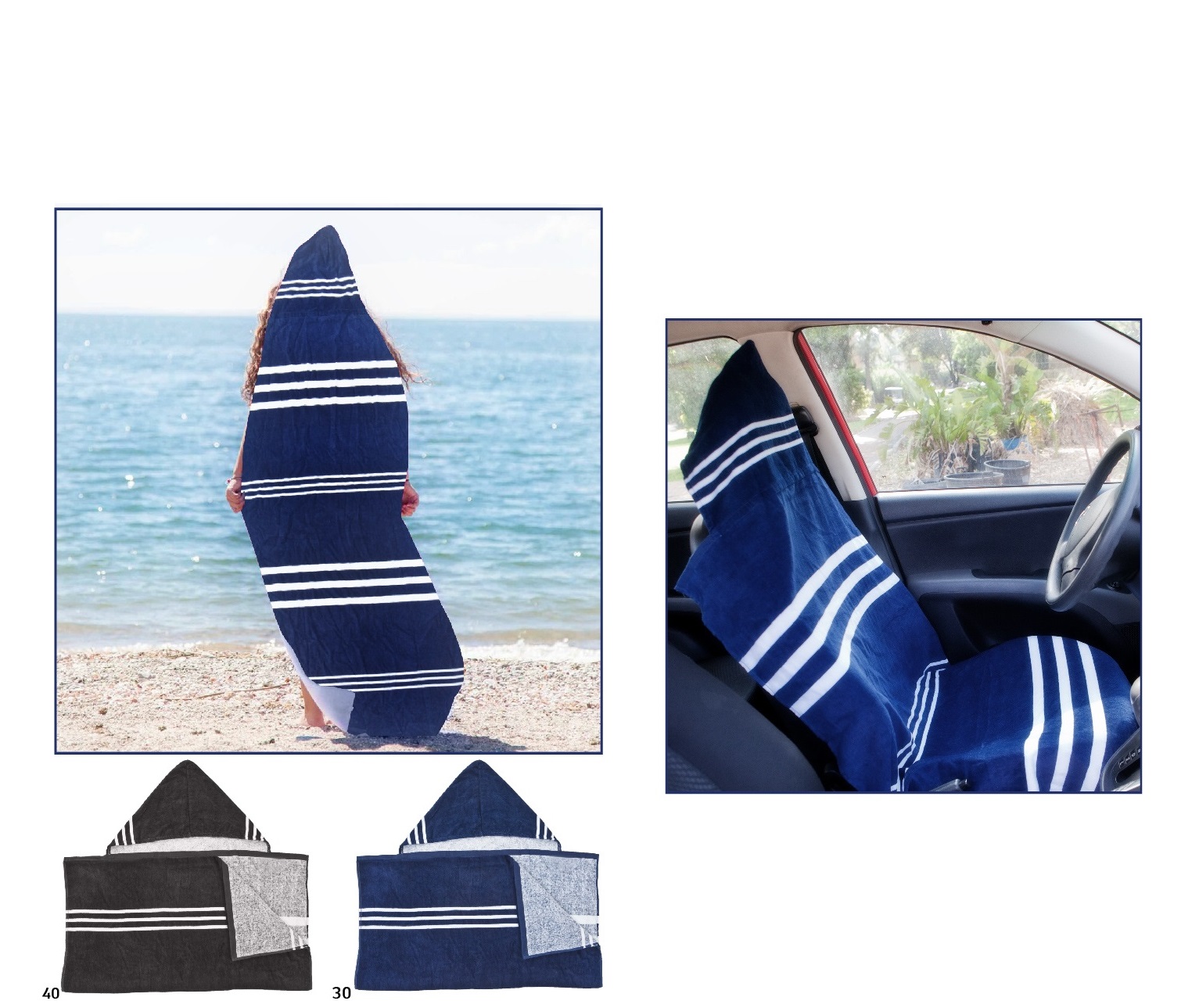 רובין - מגבת רב שימושית 150x75 ס”מ 100% כותנה, עם כיסוי ראש קפוצ’ון.
משמשת ככיסוי מושב ברכב. 