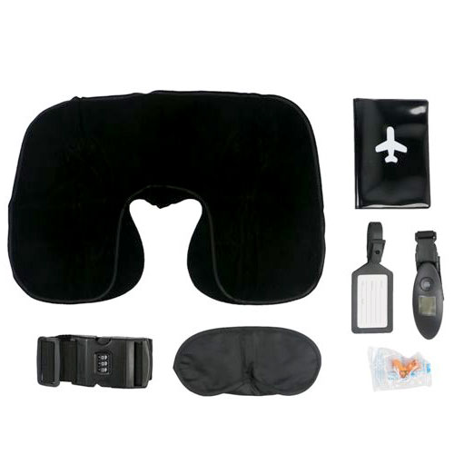 סט לטיסה 7 חלקים. 
כרית מתנפחת + משקל למזוודה + כיסוי לדרכון + אטמי אוזניים + רצועת מזוודה עם קוד + כיסוי עיניים + תג למזוודה.