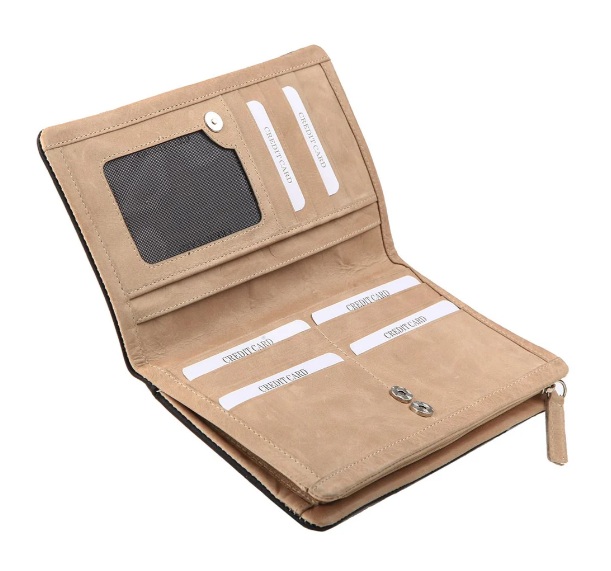 ארנק לאישה מעור משובח.
תא חיצוני לטלפון נייד.
11 תאים לכרטיסי אשראי.
רוכסן היקפי למטבעות ושטרות.
3 תאים פנימיים למסמכים.