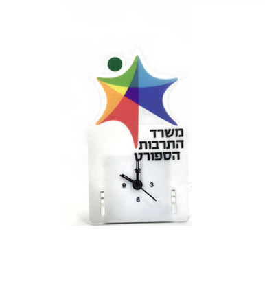 שעון שולחני צורני. 
ניתן לעצב את המוצר לפי לוגו החברה. 
עשוי פלסטיק. 
מגיע שטוח. 
גודל מקסימלי לעיצוב: 14x8 ס