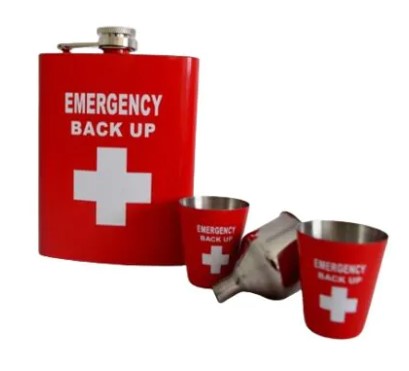 EMERGENCY BACK UP – סט פלאסק איכותי 240 מ”ל + 2 כוסות + משפך. 
בגודל 8 אוז - 240 מ”ל.
