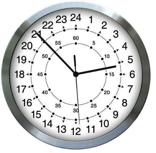 שעון קיר 24 שעות. 
קוטר 30 ס”מ, עובי 4.1 ס”מ.
עשוי פלסטיק.
ייחודיות השעון היא שמצוירים על הלוח 24 שעות (ולא 12 שעות כמו כל השעונים) והוא מציג את השעה בפורמט של 24 שעות.