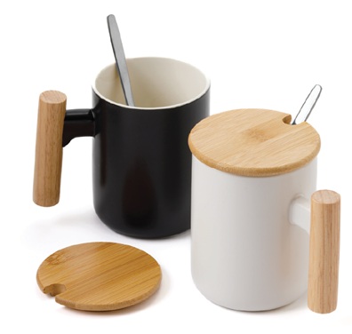 כוס פורצלן עם גימור במבוק, מכסה וכפית נירוסטה 380 מ