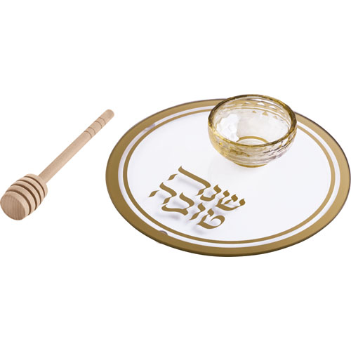 צלחת זכוכית לדבש עם הדפסה זהב. 