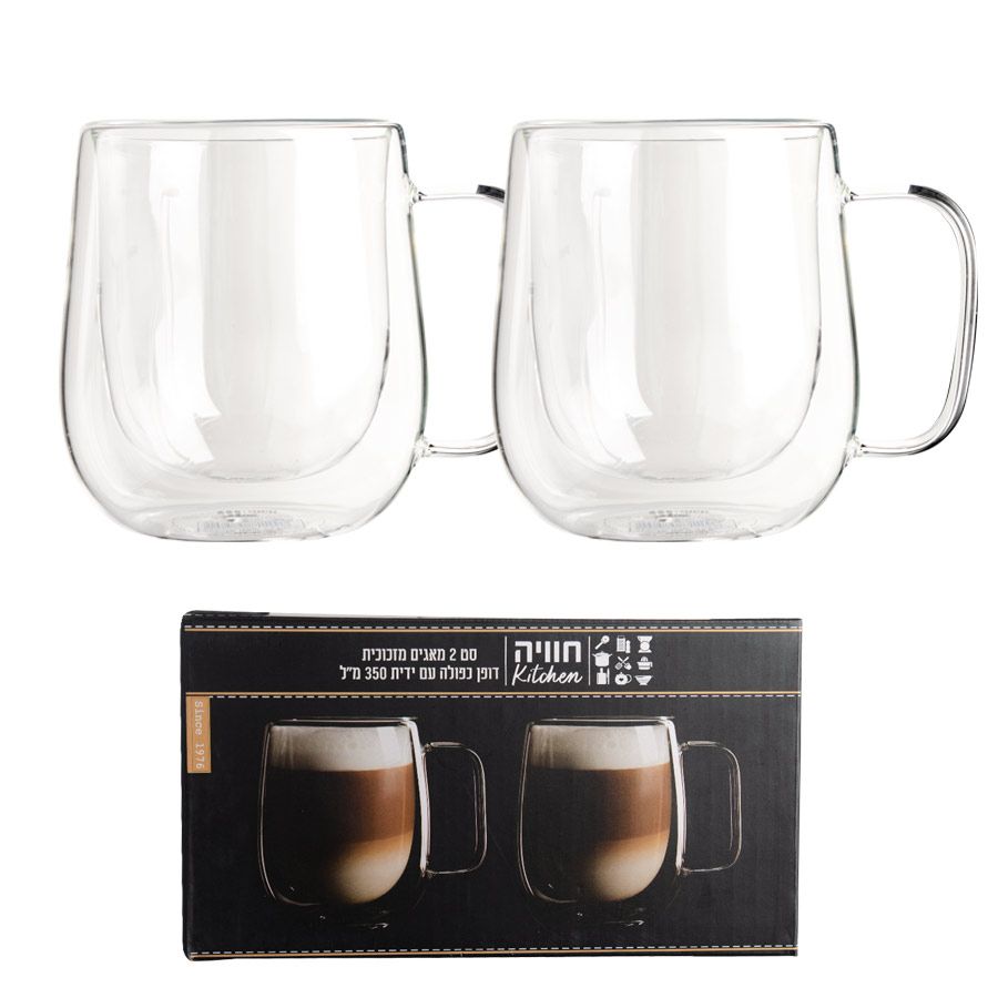 סט 2 מאגים עם ידית מזכוכית דופן כפולה, 350 מ"ל. 