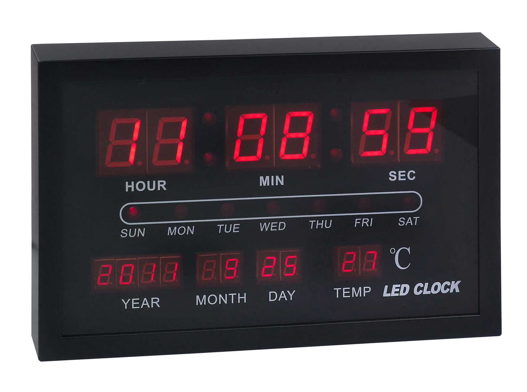 שעון קיר דיגיטלי תאריכון ומד מעלות שחור 19x30 ס
