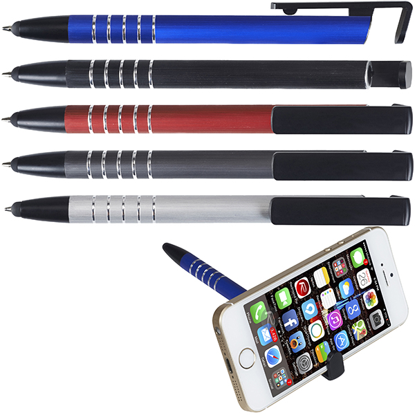 עט "הולדינג"  עט מתכת כדורי מוברש עם אוחז לטלפון סלולרי וכרית טאצ' למסכי מגע 