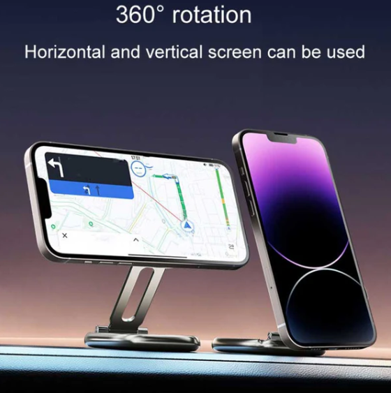 מעמד מגנטי לרכב מסתובב 360 מעלות. 
בסיס מסתובב 360 מעלות.
אפשרות לכיוון גובה.
כולל דבק דו צדדי לחיבור לדשבורד או לשולחן.
כולל דיסקית מתכת לחיבור לסמארטפון או גאדג