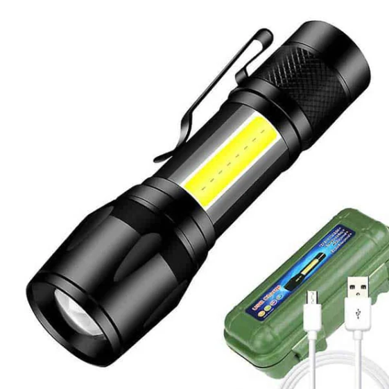 פנס עוצמתי נטען עם פוקוס משתנה. 
אפשרות לכיוון פוקוס/זום תאורה.
נטען בחיבור USB (כבל כלול).
אריזת קשיחה לשמירה ואבטחה.
תאורת לד צדדית.
לחצן כיבוי הפעלה.
מצב SOS.