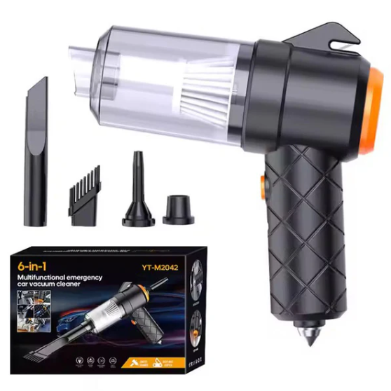 שואב אבק לרכב ולמשרד 6 ב-1. 
6 חלקים. 
כולל חותך חגורות בטיחות, פטיש לשבירת חלונות, מפוח, שואב ועוד.