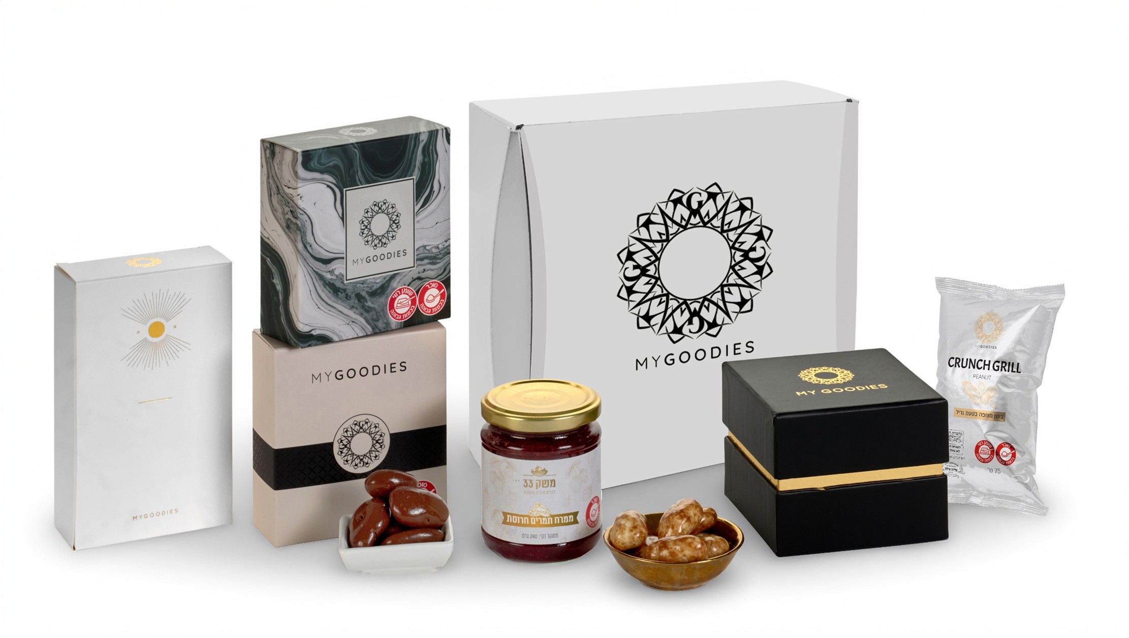 מארז ונוס לבן - מכיל: 
חרוסת - ממרח תמרים במתכון ביתי, ללא צבעי מאכל, מיוצר ברמת הגולן.
קורל – אגוזי פקאן מקורמלים בעיטוף שוקולד שיש (שוקולד לבן ומריר).
ספיר – שקד בעיטוף שוקולד מריר. 
ספיר – צימוק בעיטוף שוקולד לבן. 
גולד- קלסטרס (אשכולות שוקולד) שוקולד לבן עם שברי בוטנים קלויים.
אופאל - קראנץ