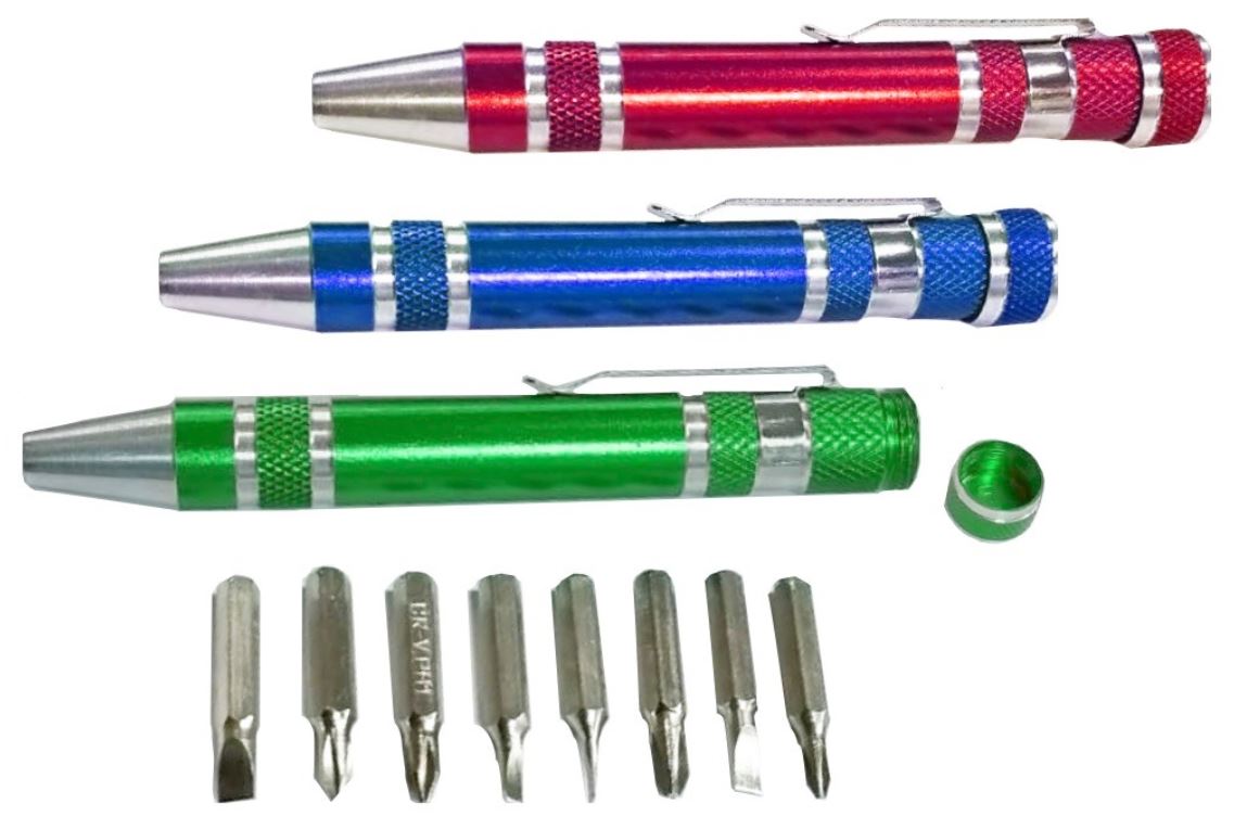 עט מברג בעל תופסן. 
מכיל 8 ביטים במגוון צורות וגדלים. 
מוצר איכותי ומיוחד. 
