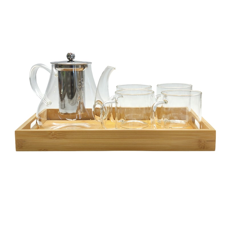 ארל גריי - סט תה להגשה הכולל קומקום תה מעוצב, עשוי זכוכית מחוסמת  בנפח 1.5 ליטר + 4 ספלי זכוכית דקים במיוחד + מגש במבו איכותי במיוחד. 