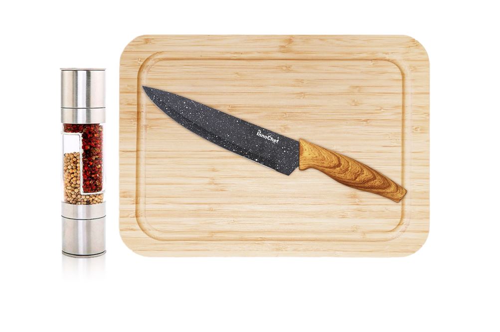 להב - סט מקצועי למטבח הכולל: 
סכין מקצועית "8, 1.5 מ"מ.
קרש חיתוך עשוי במבו. 
מטחנת מלח פלפל.