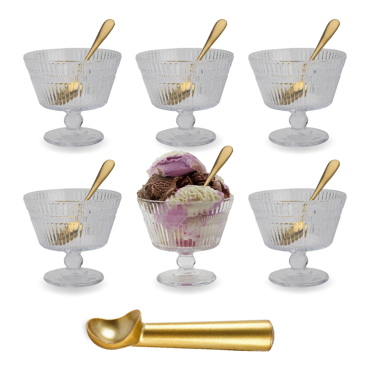 Cream & Style - סט קינוחיות מהודר הכולל: 6 גביעי זכוכית, בנפח 265 מ”ל, 6 כפיות וכף לגלידה מוזהבים. 