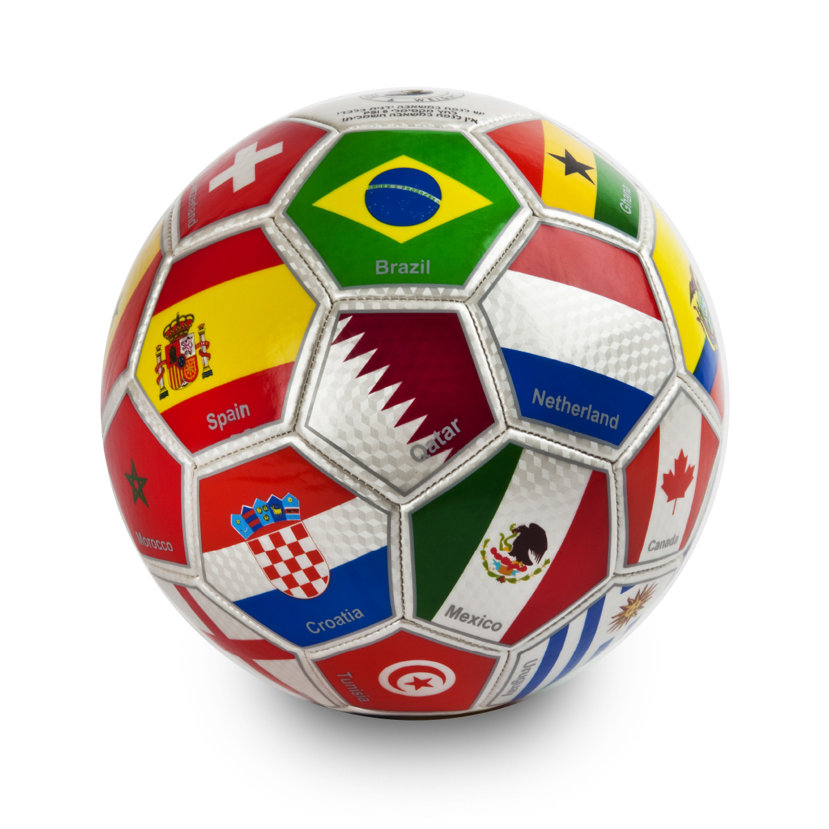 מונדיאל - כדורגל עם דגל המדינות המשתתפות במונדיאל.
עשוי מחומר TPU חזק ועמיד.
אינו סופג מים.
מתאים למשחק במשטחים שונים.
נקב ניפוח השומר על לחץ אוויר זמן רב.
הכדור מגיע לא מנופח.
כדור חוקי מספר 5.