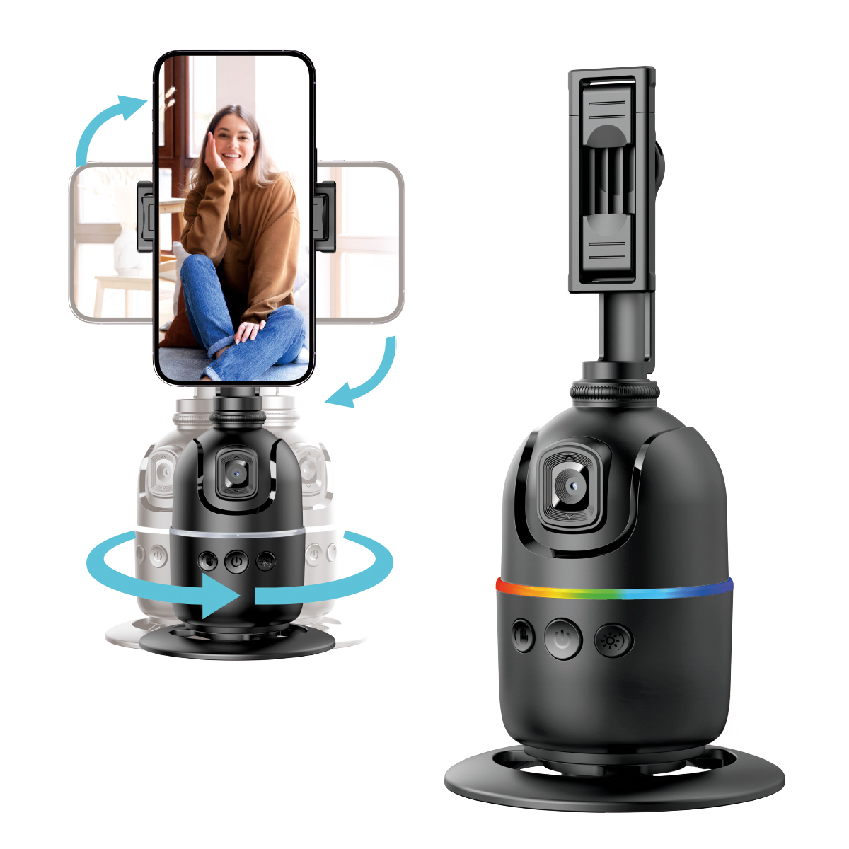 מצלמת AI, גימבל שולחני.
זיהוי פנים ומעקב 360⁰.
סימון כף יד להפעלה/הפסקה.
ניתנת לחיבור לחצובה (לא כלול).
ללא שלט.