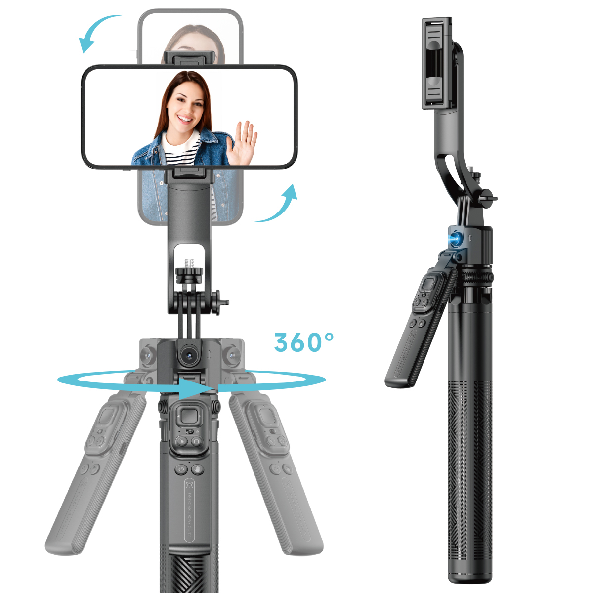 מצלמת AI, גימבל על חצובה.
זיהוי פנים ומעקב 360⁰.
סימון כף יד להפעלה/הפסקה.
שלט רחוק.
חצובה בגובה 1.60 מטר.