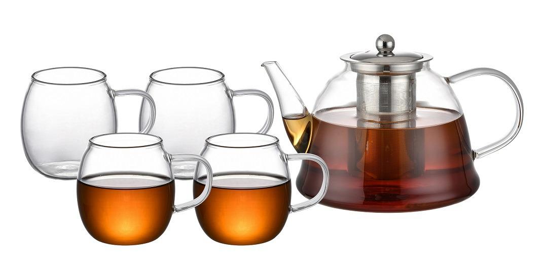 סט תה 5 חלקים זכוכית מחוסמת בורו-סיליקאט. 
מכיל: קנקן תה לחליטה 1.5 ליטר הניתן לשימוש על גז/כירה עמיד באש ישירה + 4 כוסות זכוכית 300 מ