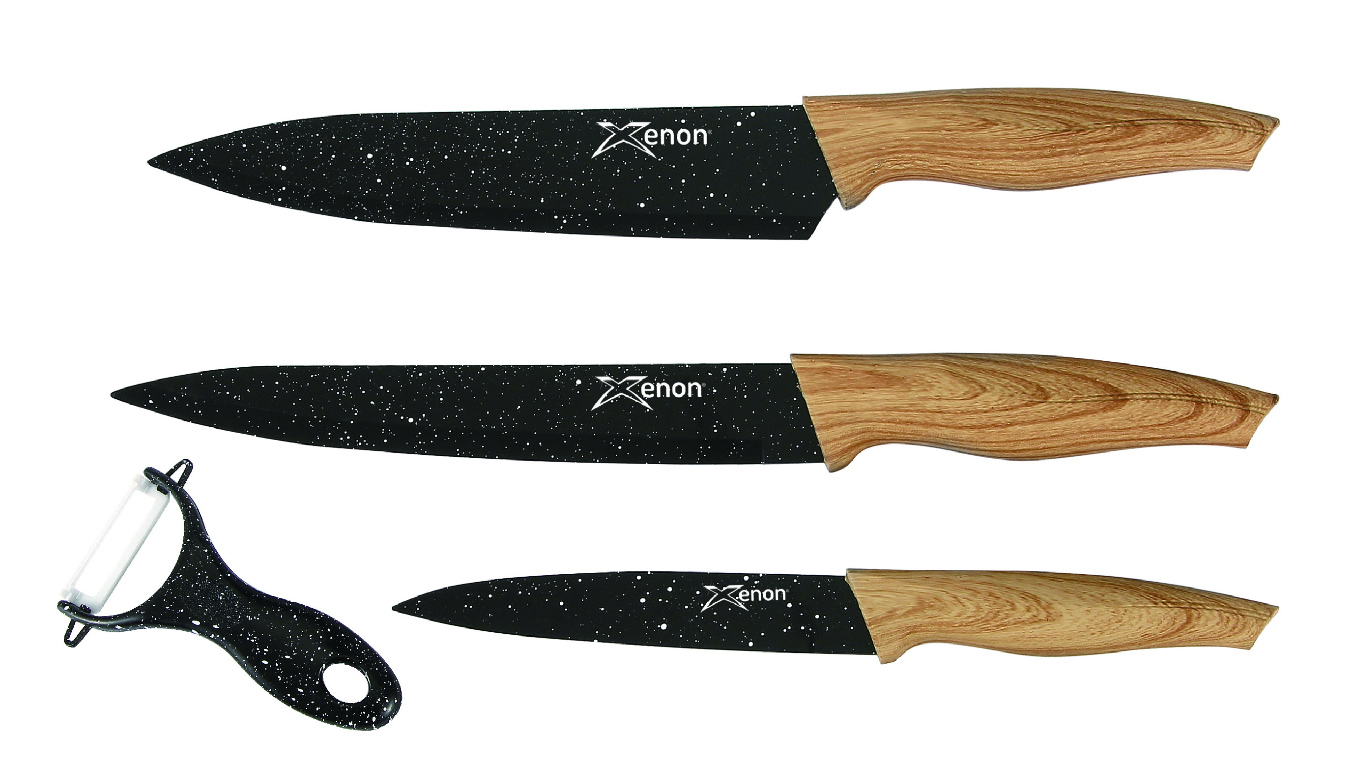 סט 3 סכיני חיתוך ציפוי נון סטיק שחור אבן + קולפן קרמי. ידית דמוי עץ. ציפוי אבן שיש.