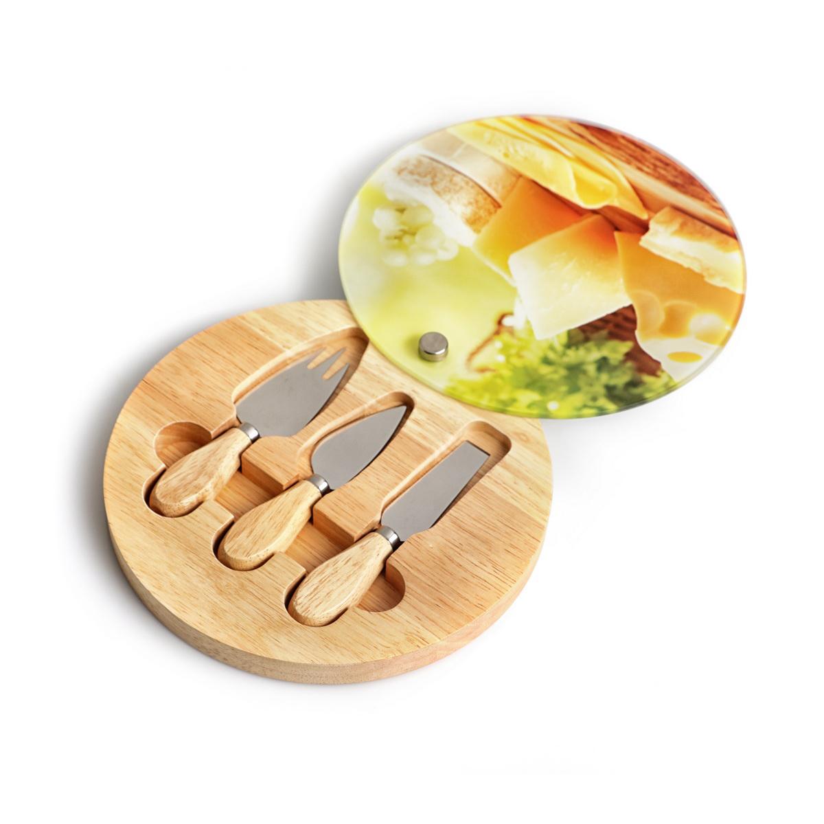 סט חיתוך גבינות עגול משולב עץ עם זכוכית, 3 חלקים. 