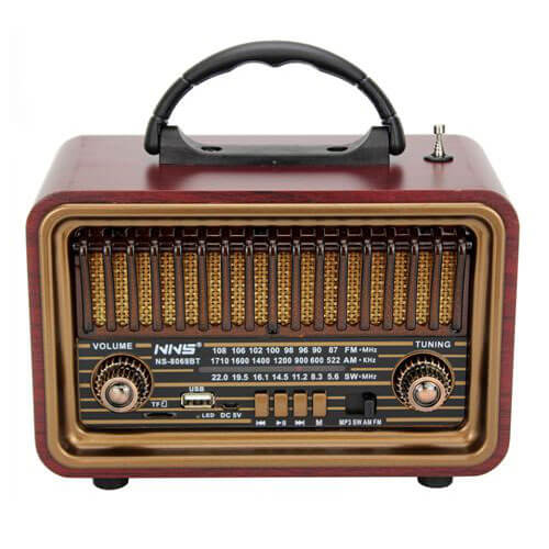 מיוזיק בוקס בעיצוב רטרו BT. 
רדיו AM/FM קורא כרטיסי זיכרון. 
נטען על ידי חשמל. 