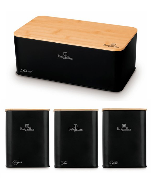 סט אחסון למטבח בעיצוב אלגנטי. 
עשוי פלדת פחמן איכותית בציפוי אבקה מט בשילוב במבוק טבעי. 
כולל קופסת לחם מרווחת עם מכסה חכם המשמש גם כקרש חיתוך, לצד קופסאות תואמות לקפה, תה וסוכר. 
נוח לפתיחה וסגירה, עמיד ואיכותי לשימוש יומיומי. 
בגימור שחור מט יוקרתי המשתלב בכל מטבח.
כולל קופסת לחם 33×18×12 ס