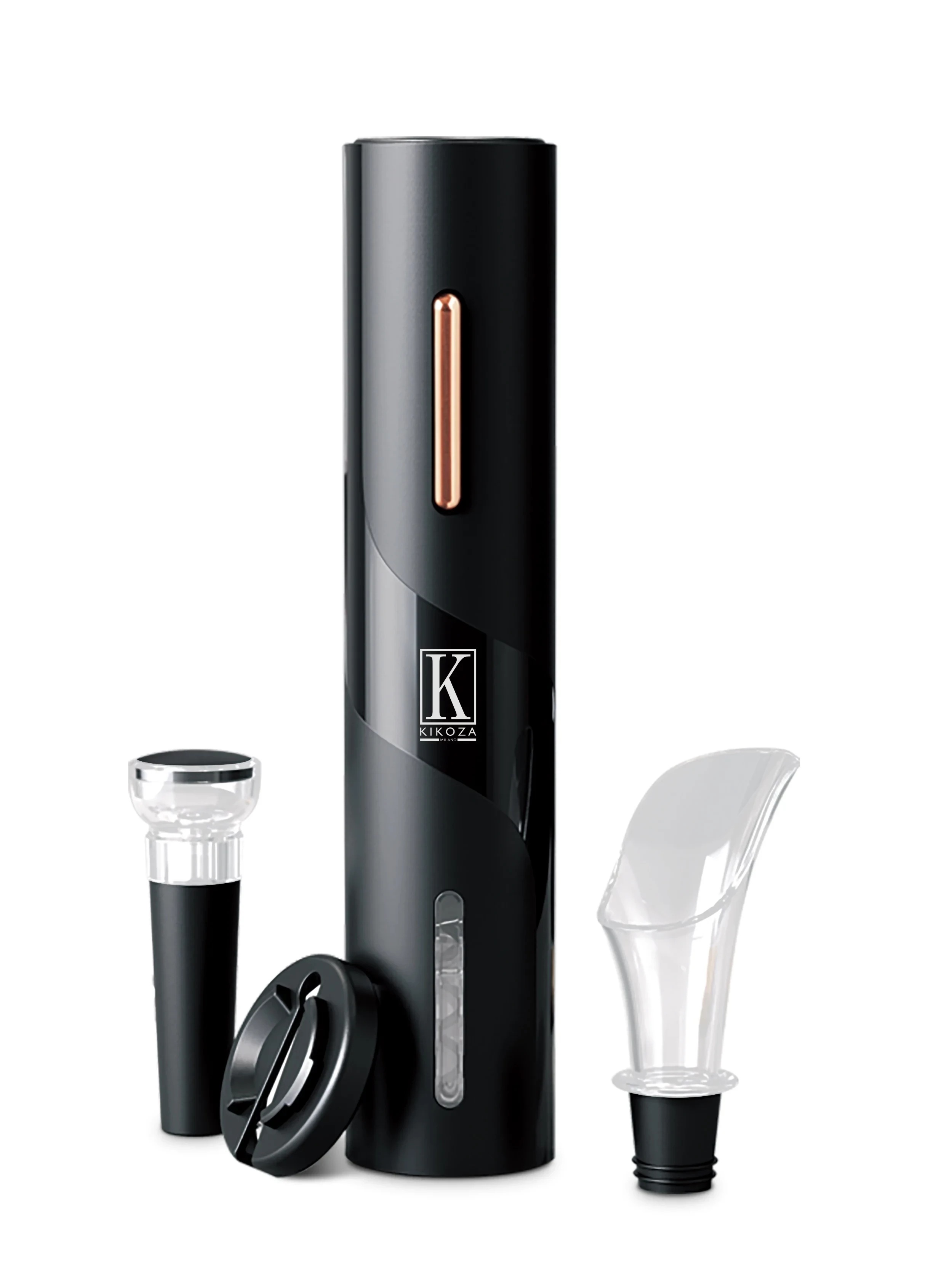 סט פותחן יין חשמלי 4-ב-1. 
סט יין אלגנטי וחכם בעיצוב שחור–רוז גולד, הכולל פותחן יין חשמלי, חותך רדיד, משפך מזיגה מאוורר ופקק ואקום.
פתיחה קלה, מזיגה משופרת ושמירה על טריות היין עד 7 ימים. 