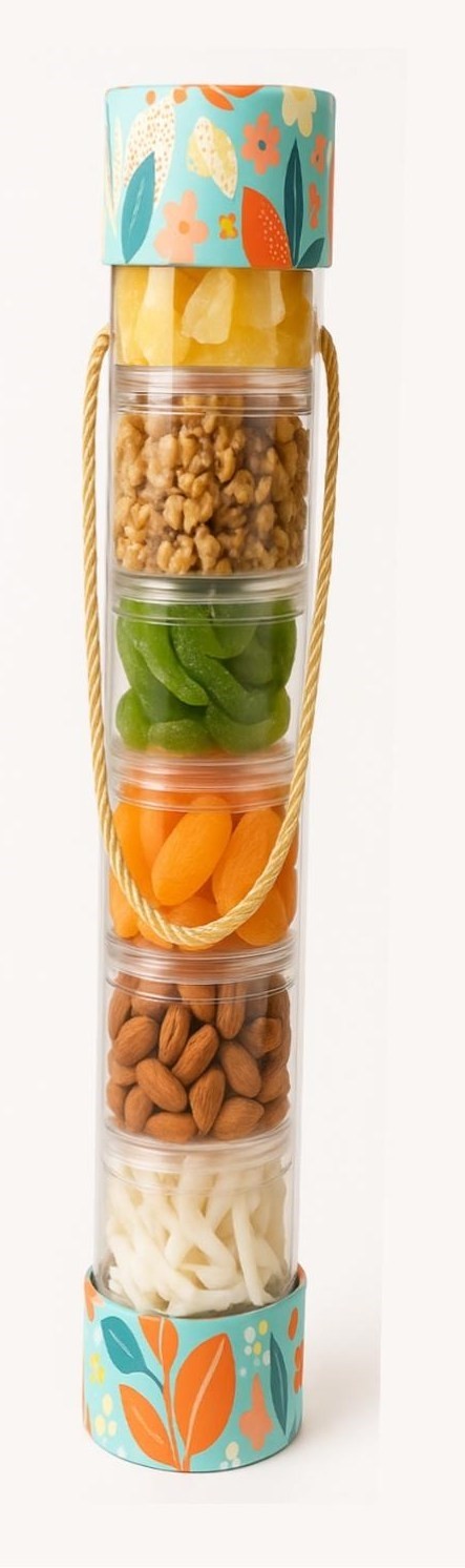 גליל חצי מטר שקוף - 7 קופסאות רב פעמיות עם פירות יבשים במשקל של כ 1.5 ק"ג (פירוט בתמונה). 