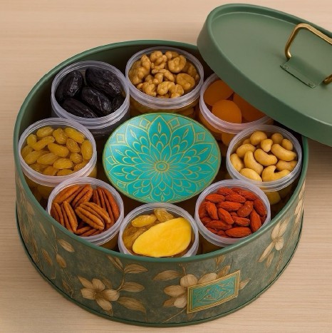 קופסה עגולה יוקרתית - 9 קופסאות רב פעמיות עם פירות יבשים במשקל של כ 1.8 ק