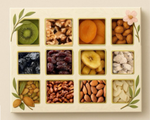 מארז ריבועים - 12 קופסאות עם פירות יבשים במשקל של כ 1.3 ק