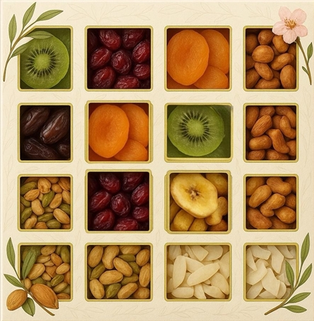 מארז ריבועים - 16 קופסאות עם פירות יבשים במשקל של 
כ 1.7 ק