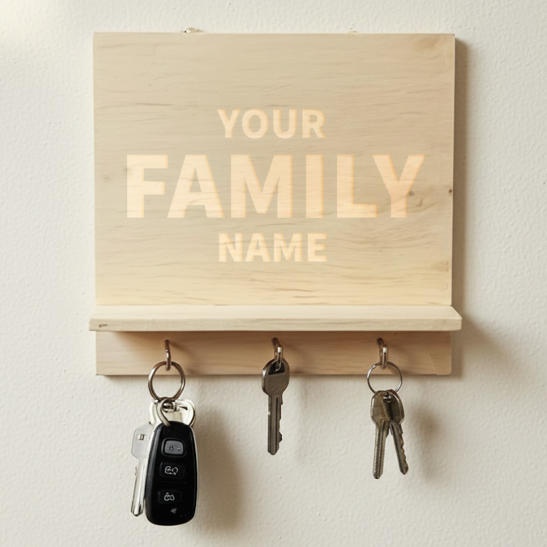 מתלה מפתחות משפחתי עשוי עץ. 