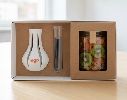 מארז ירוק - מארז משולב הכולל אגרטל ממותג, מבחנת ייחור וצנצנת עם 100 גרם תערובת פירות יבשים. 