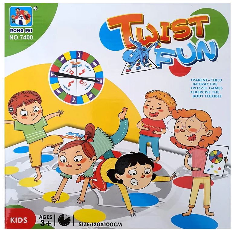 TWIST FUN - משחק לכל המשפחה עם 2 אלמנטים חדשים. משטח Twist Fun –  בגודל 100×120 ס”מ (עשוי בד לא ארוג), לוח + חוגה בקוטר 24 ס”מ (באנגלית), הוראות משחק (באנגלית).
משחק  Twist Fun – מפתח יצירתיות, מפתח מוטוריקה גסה ומפתח כישורים חברתיים.
