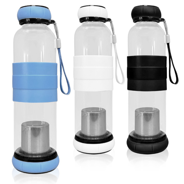 טיגו - בקבוק זכוכית מעוצב נפח 550ML, עם רשת לחליטת תה. 
חבק גומי ורצועה לאחיזה נוחה.