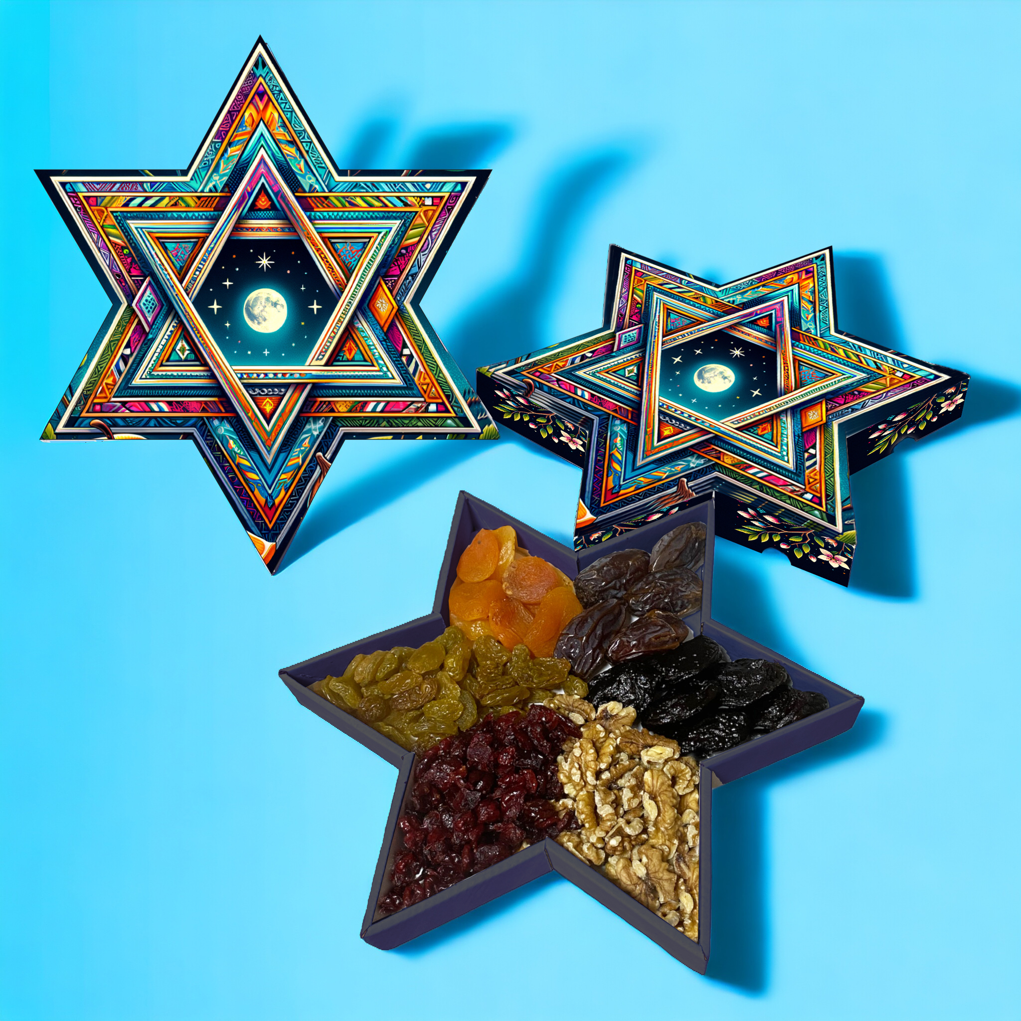 מארז מגן דוד 600 - 
מארז בצורת מגן דוד במשקל של כ 500-600 גרם המכיל פירות יבשים: משמש, תמר מג