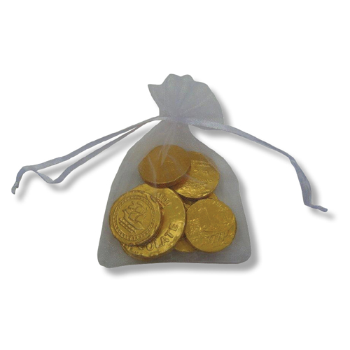 מתנה מתוקה לחנוכה – 5 מטבעות שוקולד בשקית אורגנזה. 