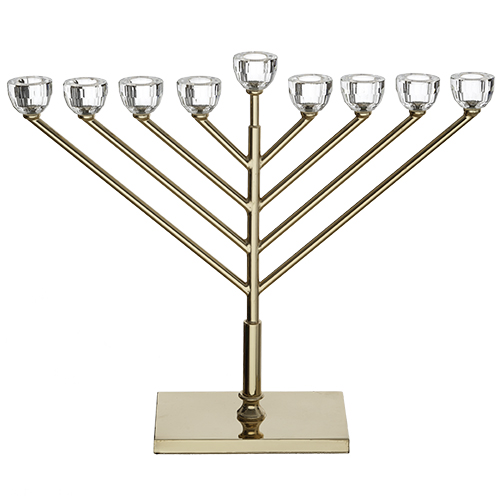 חנוכיית מתכת עם ראשי קריסטל גימור זהב. 
אורך/גובה: 40 ס״מ.
חומר: מתכת.
משקל: 1.5 ק״ג.