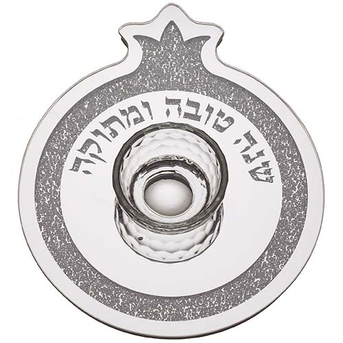 צלחת זכוכית מהודרת בצורת רימון עם אבנים לתפוח בדבש 19x23 ס